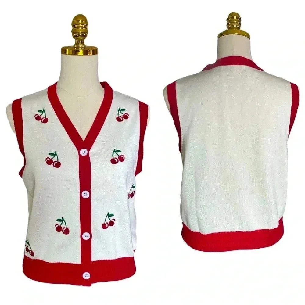BELLE POQUE Women's White Cherry Coded Embroidered Crop Knit Sweater Vest Size M - Picture 5 of 10